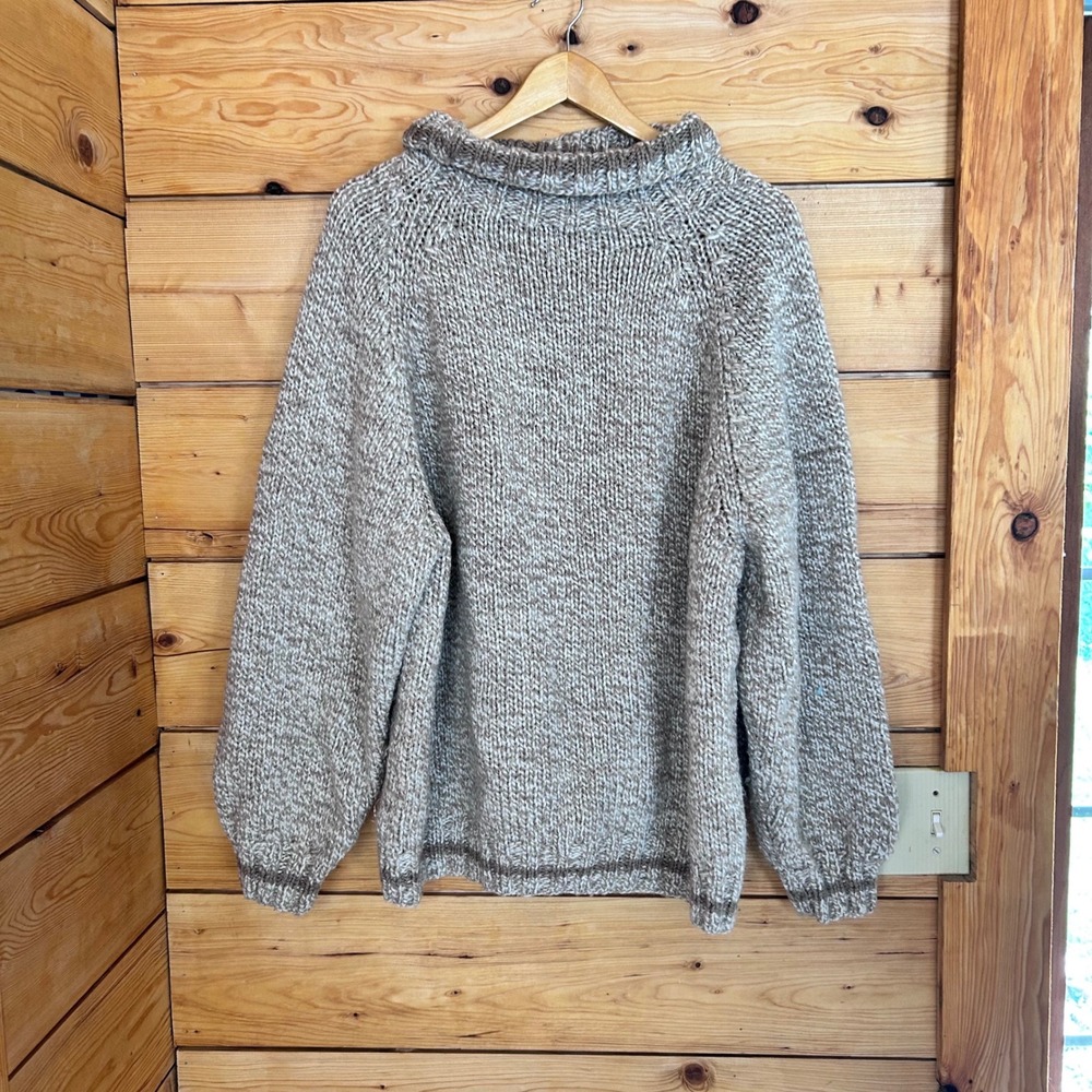 Vintage Wool Sweater Unisex Large Beige Chunky Knit Roll Neck Oversized MCM